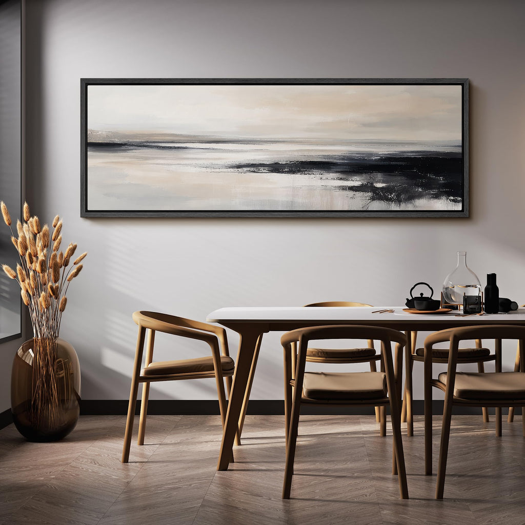 Large Framed Canvas Print Wall Art Neutral Black and Beige Seascape Abstract Calm Ocean Illustrations Modern Art