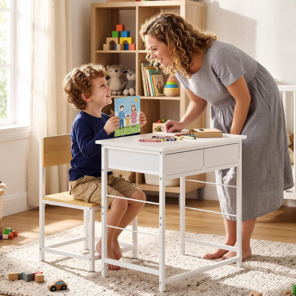 Kids Desk and Chair Set for 5-10 Year Old, Children Study Table with 2 Storage Drawers, Small Student Writing Desk