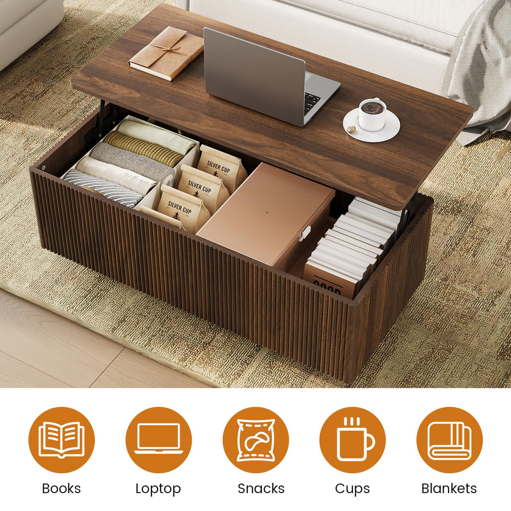 41.7'' Fluted Lift Top Large Hidden Storage, Walnut