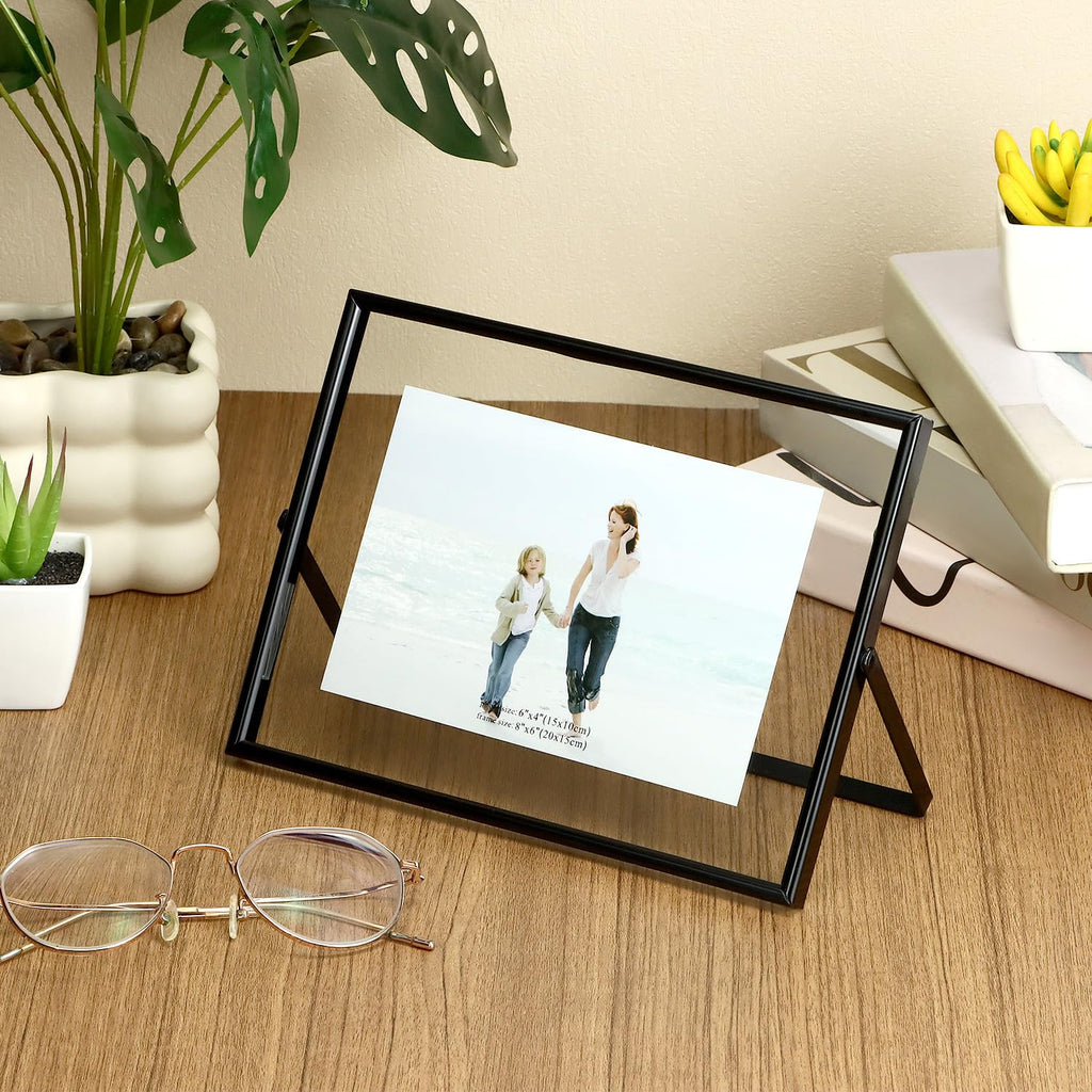 6x8 Inch Black Floating Picture Frame Horizontal, Fits 5x7 4x6 3x5 Photos, Glass Double Panel Metal Frame for