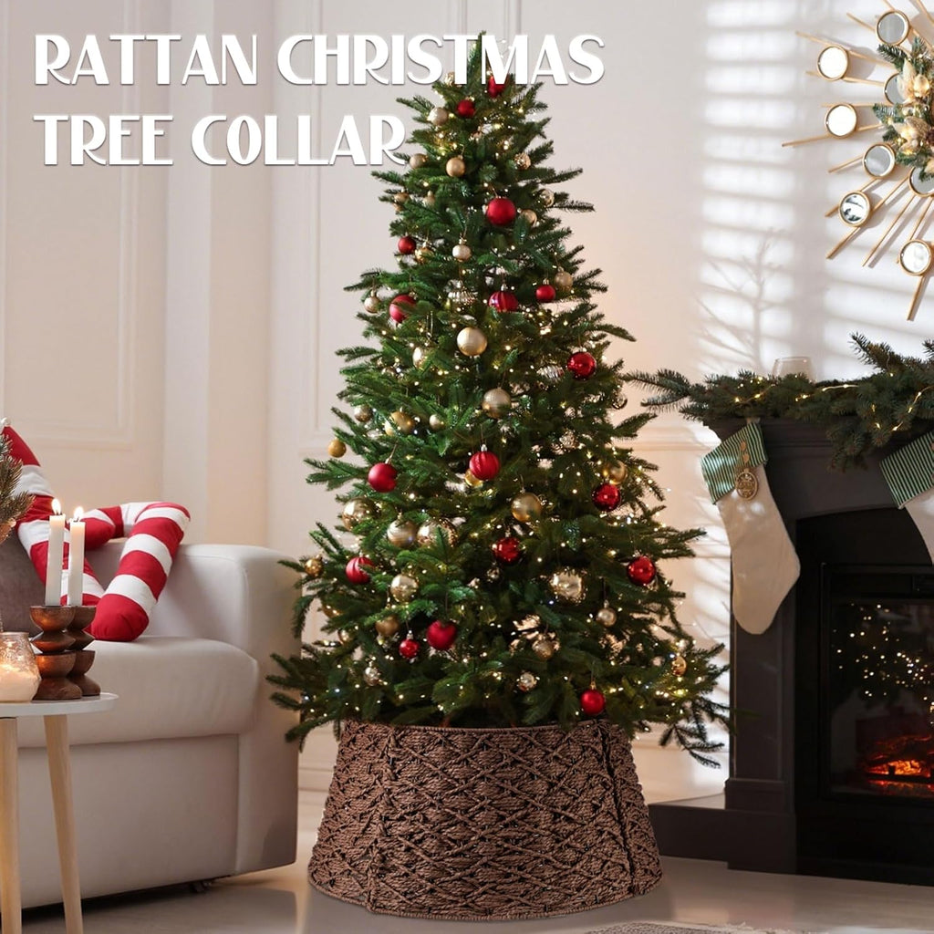 Woven Rattan Christmas Tree Collar, Neutral Wicker Tree Skirt, Rustic Farmhouse Christmas Stand Base Cover Decor