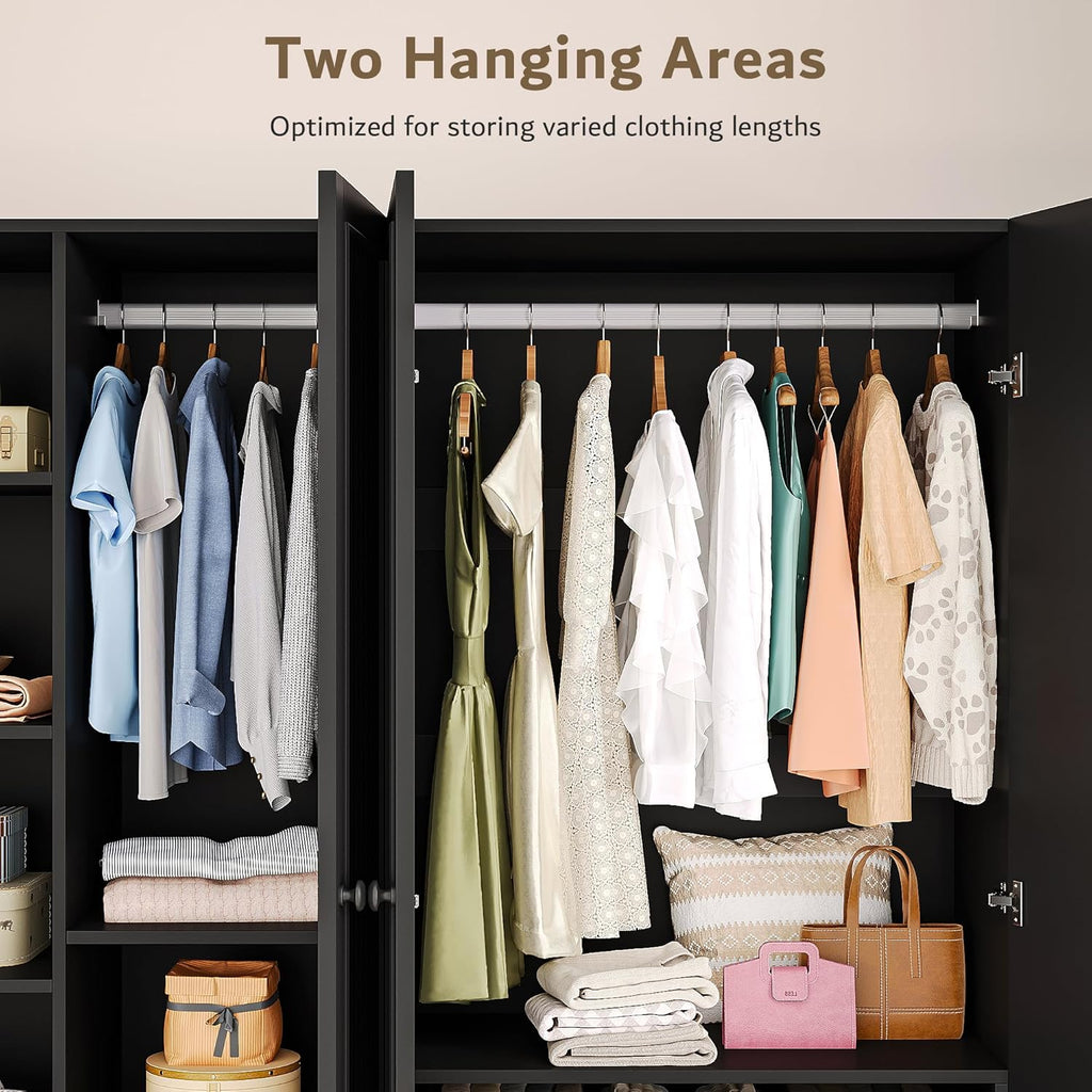 4 Doors Armoire Wardrobe Closet with 2 Drawers, 63" Large Wardrobe Cabinet with Removable Hanging Rods and Adjustable