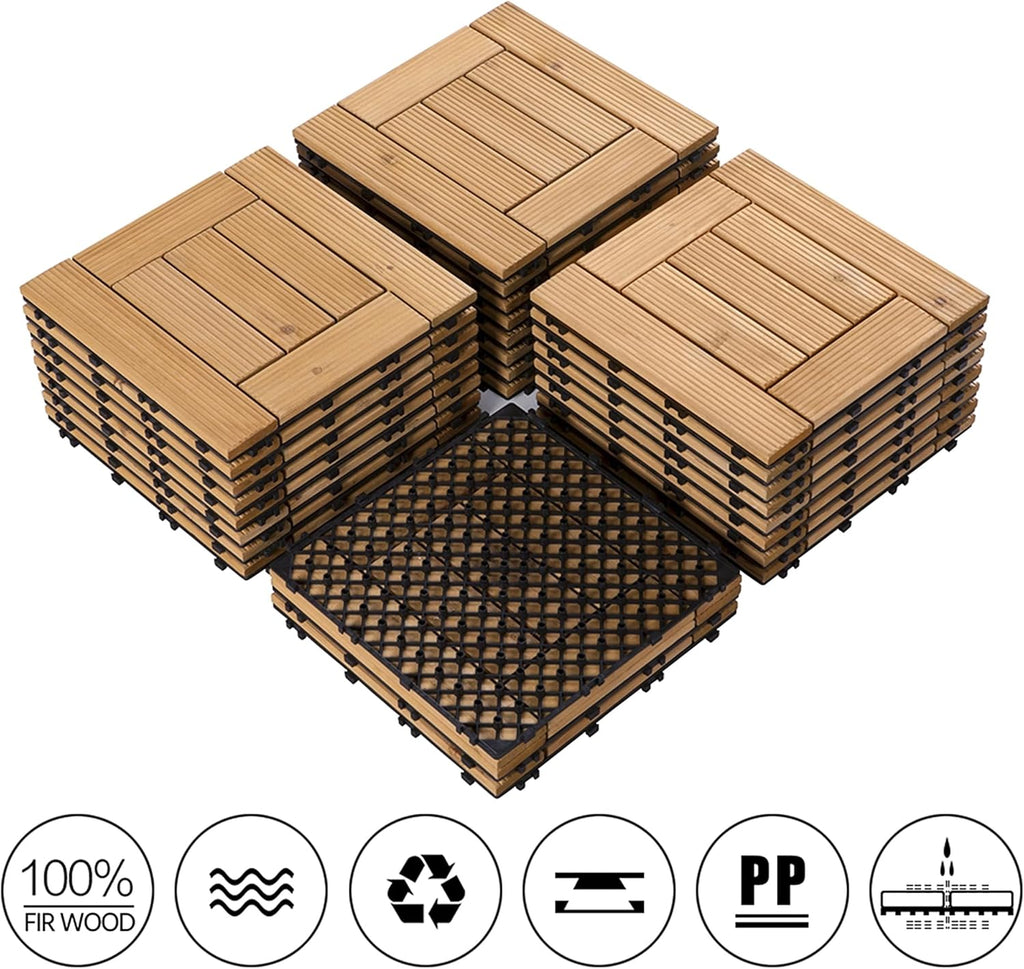27PCS Patio Deck Tiles Interlocking Wood Decking Floor Tiles 12 x 12in Natural Wood for Outdoor & Indoor Patio Garden