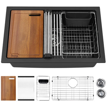 27 Inch Black Granite Workstation, 27 x 18 Black Undermount/Drop In, Deep Quartz Composite Single Bowl with