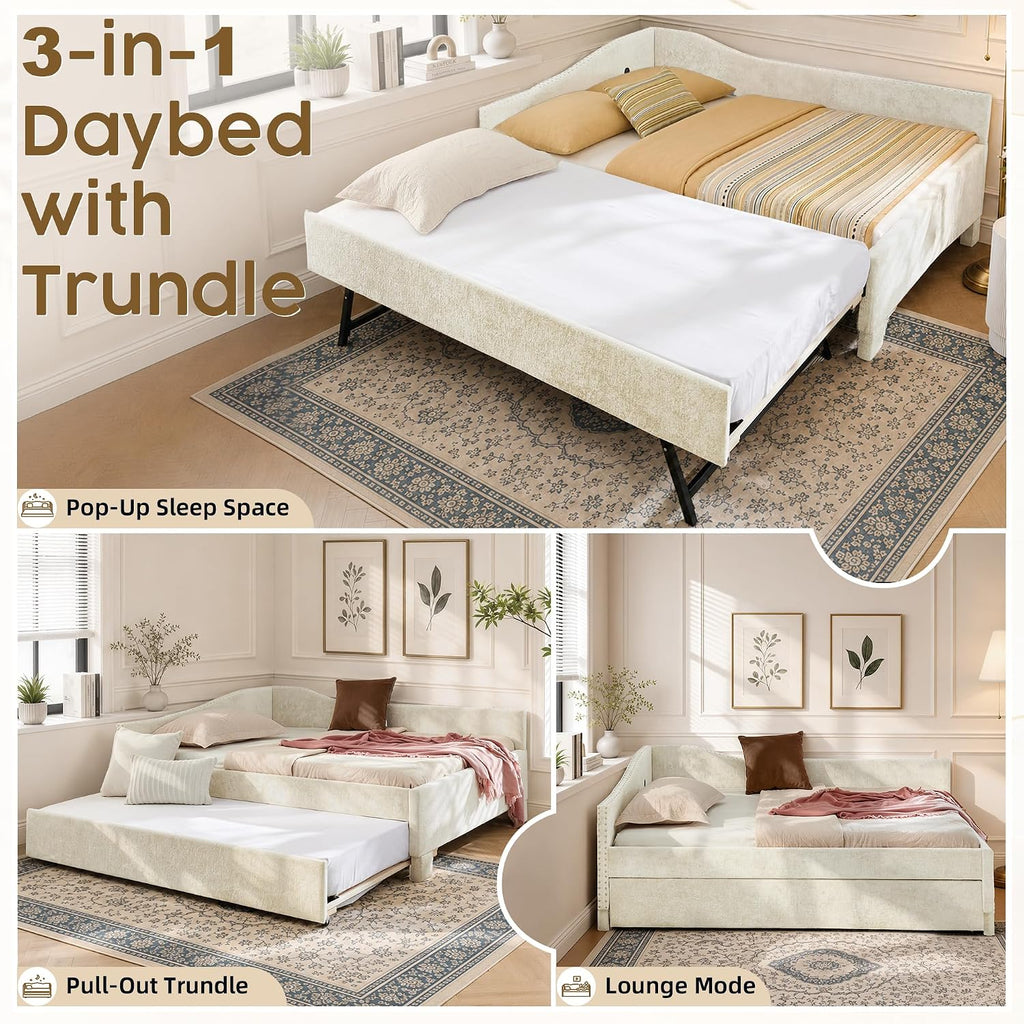 Full Daybed with Pop Up Trundle, Full Size Day Bed Frame, USB Port, Beige | Chenille L-Shaped Corner Bed Frame