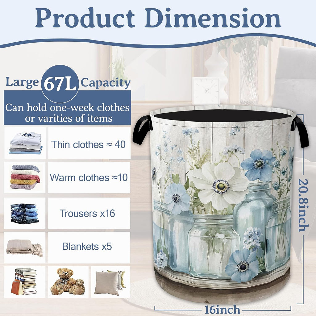 Flowers Laundry Basket,Foldable Oxford Cloth Vintage Wooden Board Laundry Hamper with Handles, 20.8"x16" Tote Bag