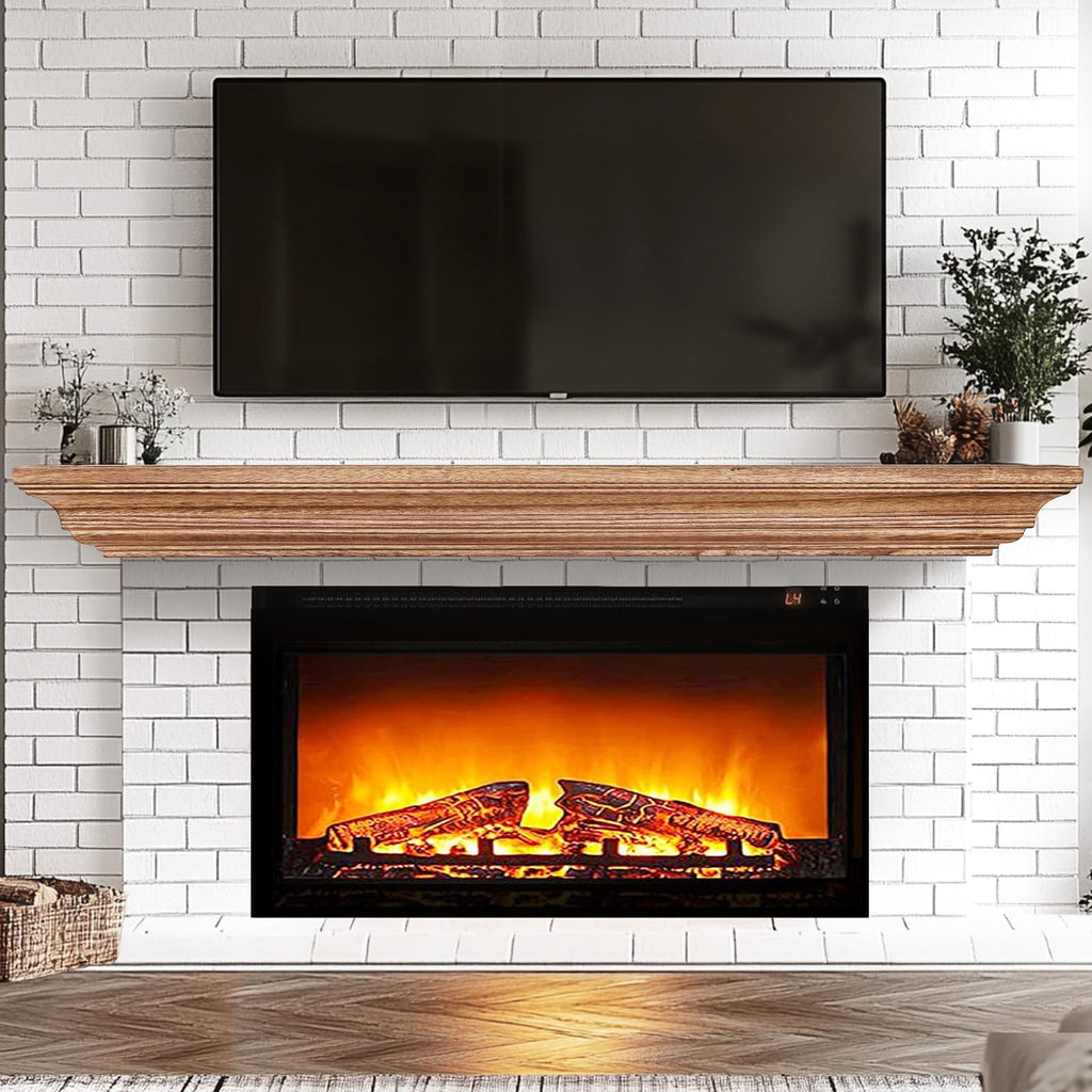 Rustic Fireplace Mantel 84", Solid Wood Floating Shelf, Oak Color