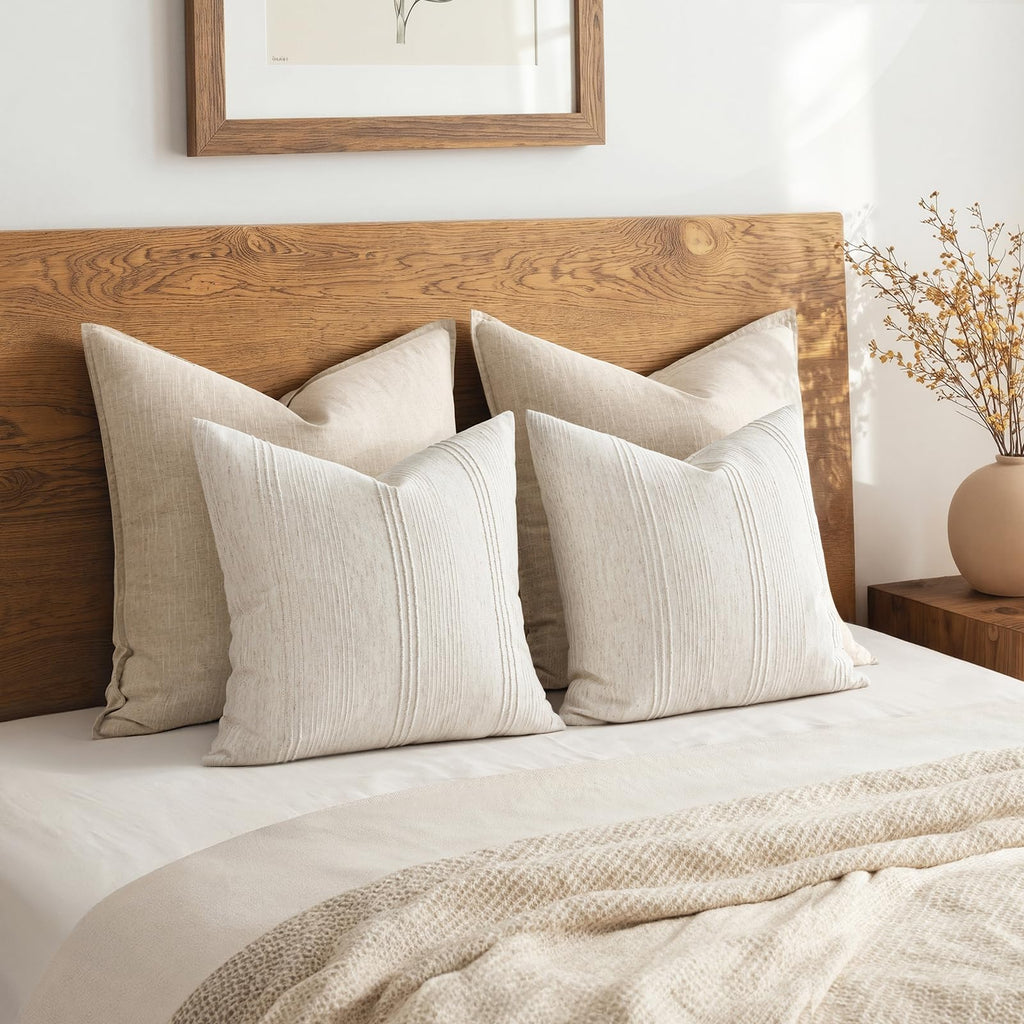 Decorative Striped Throw Pillow Covers 20x20 in Natural Beige 2 Pack