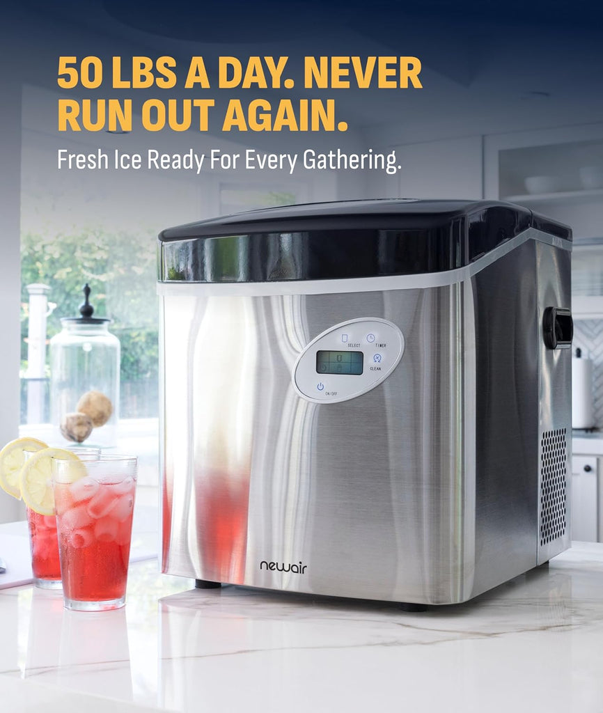 50 lb. Countertop Ice Maker | Portable Bullet Ice Machine | 12 Cubes in 7 Minutes, 3 Ice Sizes | Stainless Steel