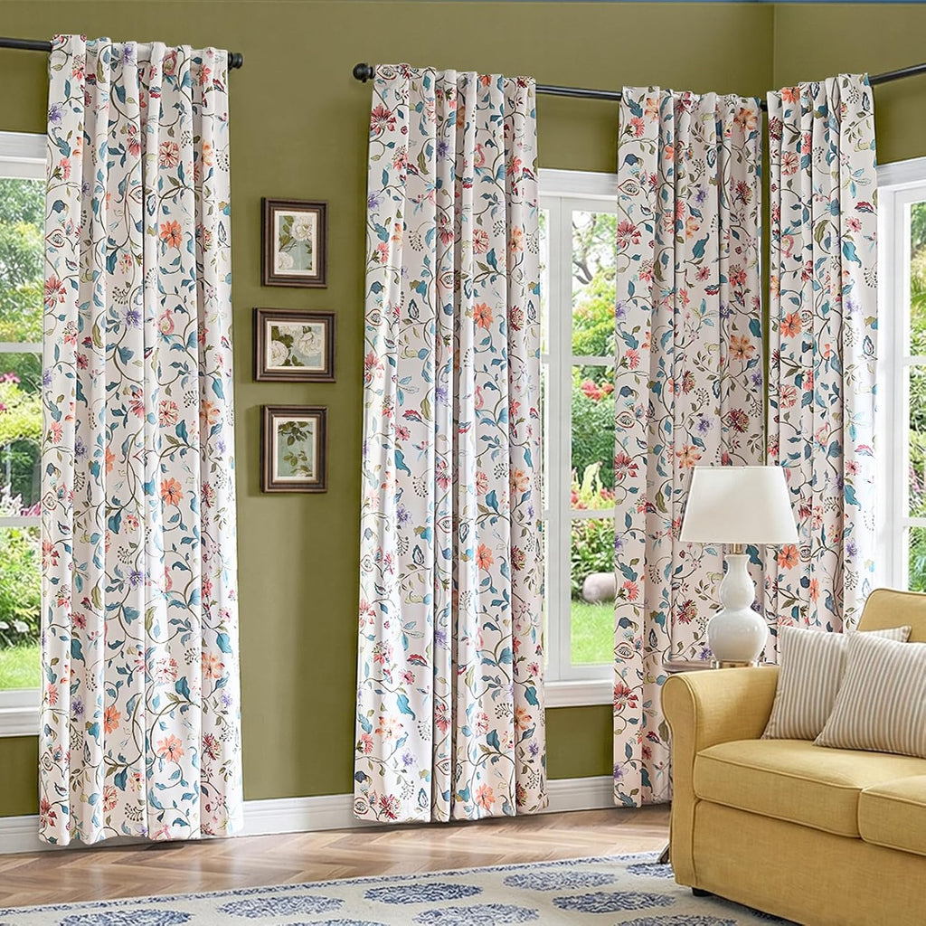 Beige Floral Blackout Curtains 84 Inch Length - Room Darkening Vintage Curtains Cream Botanical Drapes , Elegant