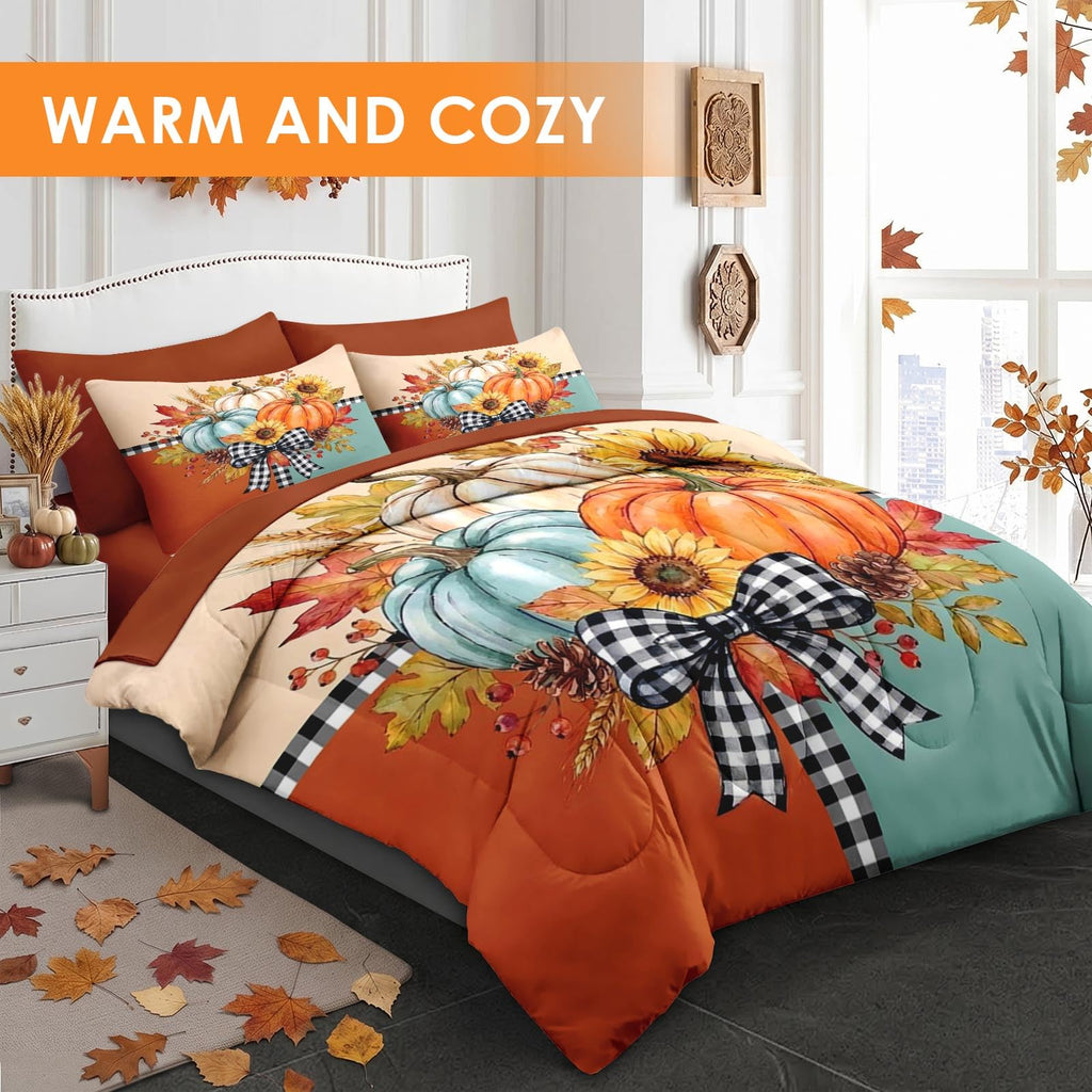 7 Pcs Fall Comforter Set, Farmhouse Pumpkin Autumn Bedding
