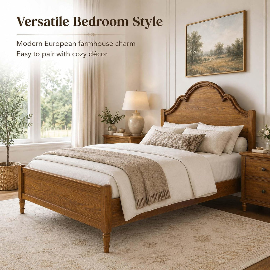 Rustic Vintage Full Wood Bed Frame with Retro Style Tall Headboard, Farmhouse Wooden Bed Frames Full Platform Bed