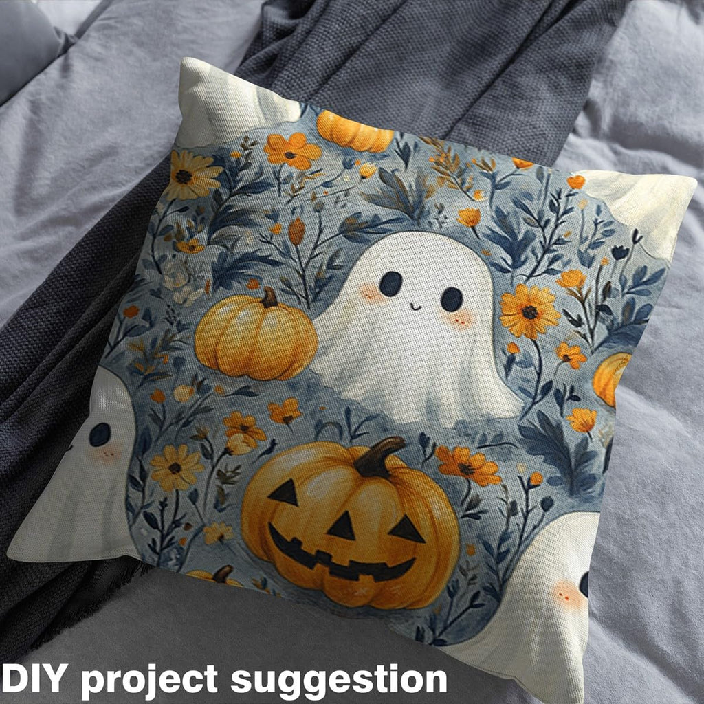 Happy Halloween Fabric by The Yard, Orange Pumpkin Flowers Soft Polyester No Stretch Fabric, Cartoon Ghost Rustic