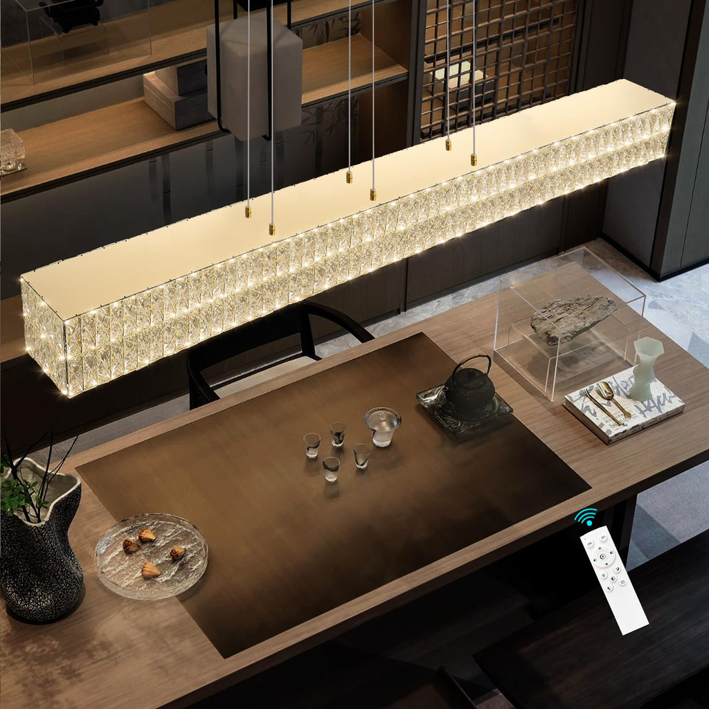 Rectangular Crystal Chandelier Dimmable LED Linear Chandeliers Remote Ceiling Pendants Light Fixture Island Gold