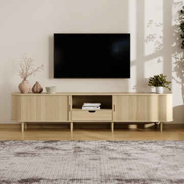 95.2" Fluted TV Stand with Power Outlet for TVs up to 100", TV Console with Adjustable Shelves and Sliding Door, Mid