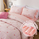 A Nice Night Rainbow Stripes & Bows Bedding Set,Ruffle 6 Piece Bed in a Bag Matching Sheet Set,Princess Style Chic Bow