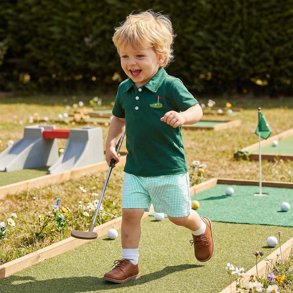 Baby Boy Golf Outfit Hole in One Embroidery Contrast Color Lapel Collar Shirt Solid Shorts Set Toddler Summer Clothes