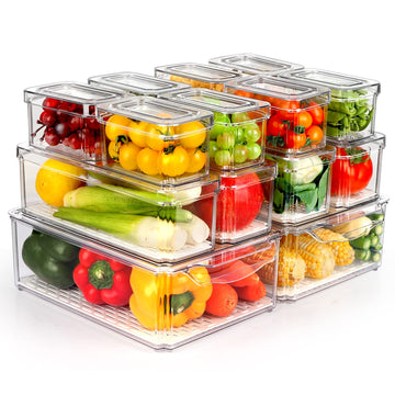14 Pack Fridge Organizer Bins with Lids, Stackable Clear Storage