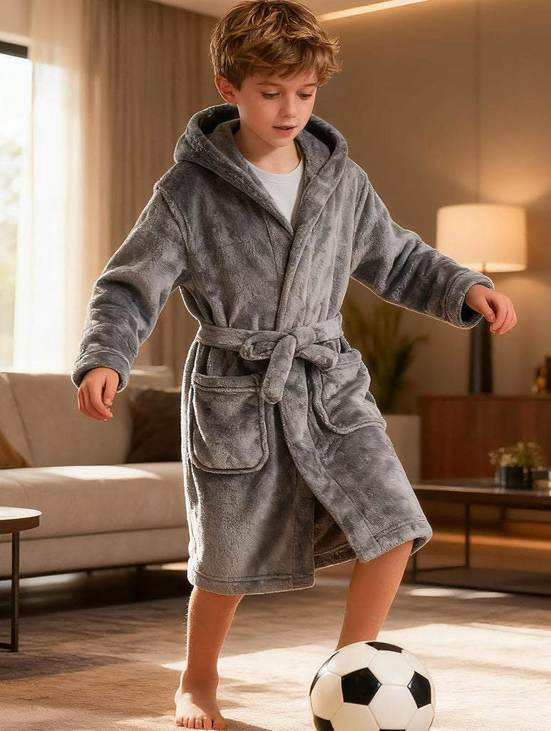 Kids Toddler Boys Girls Fleece Robe Soft Hooded Bathrobe Pajamas Sleepwear