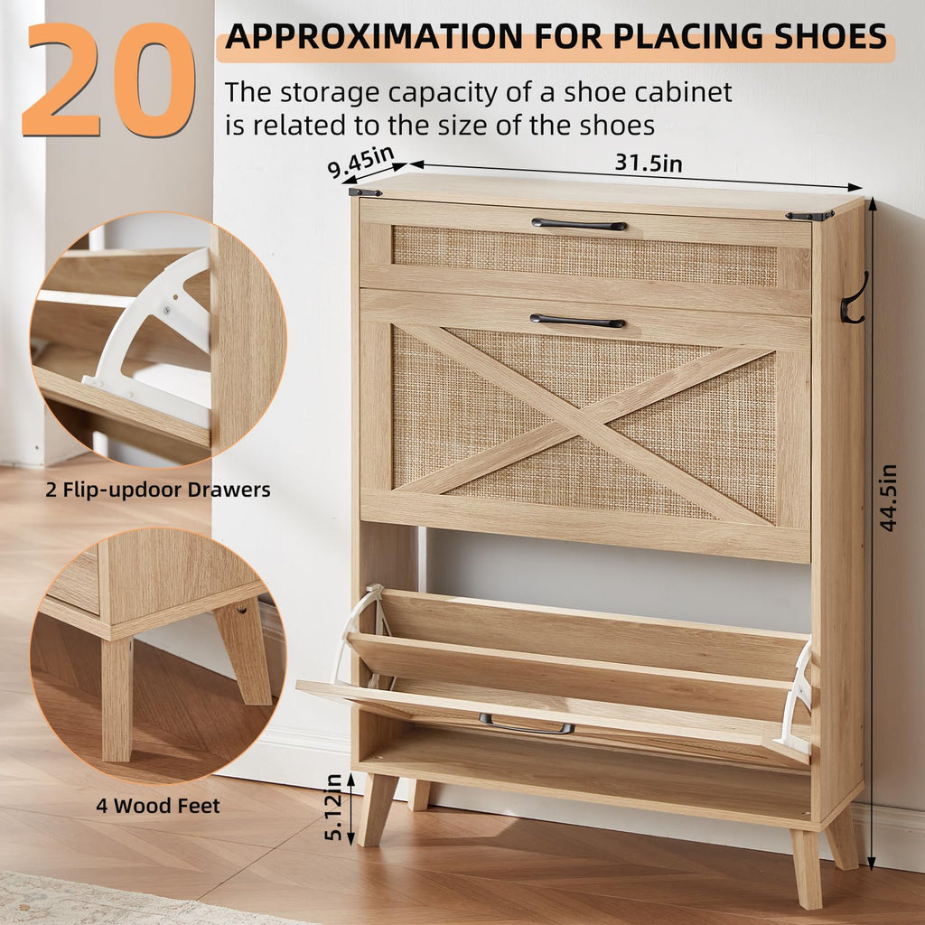Rattan Shoe Cabinet Storage With 2 Flip Drawers