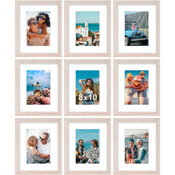 8x10 Picture Frames Set of 9, Shatter Resistant Plexiglass, Display 5x7 Pictures with Mat or 8x10 without Mat, Photo