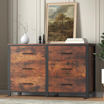 Rustic Brown, Wide Wood Dressers Furniture with 6 Wooden Drawer and Metal Frame, TV Stand with Deep Drawer (Rustic