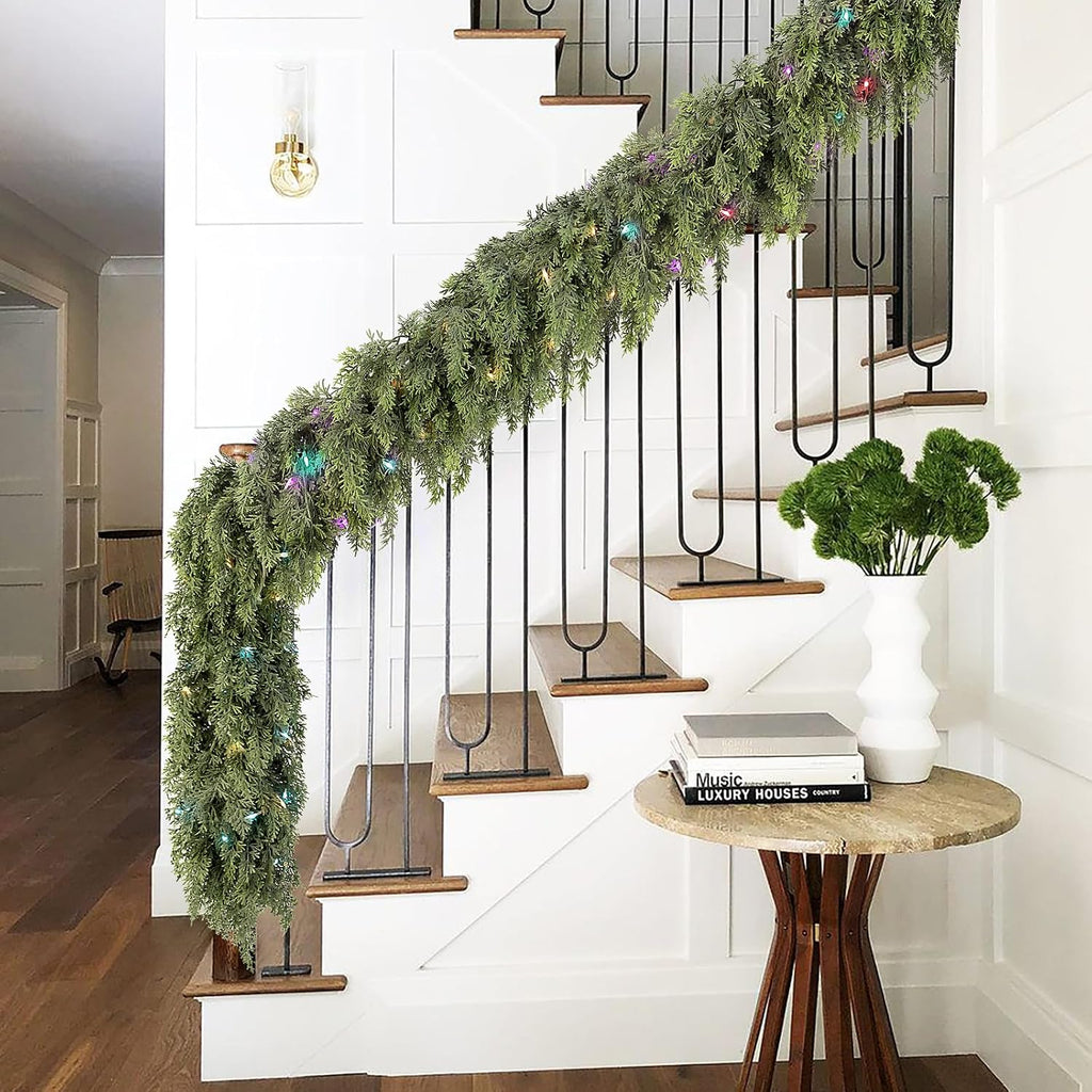Cedar Christmas Garland with Lights for Mantle - Decorations 9ft Realistic Lighted Faux Pine Garlands for Xmas Home