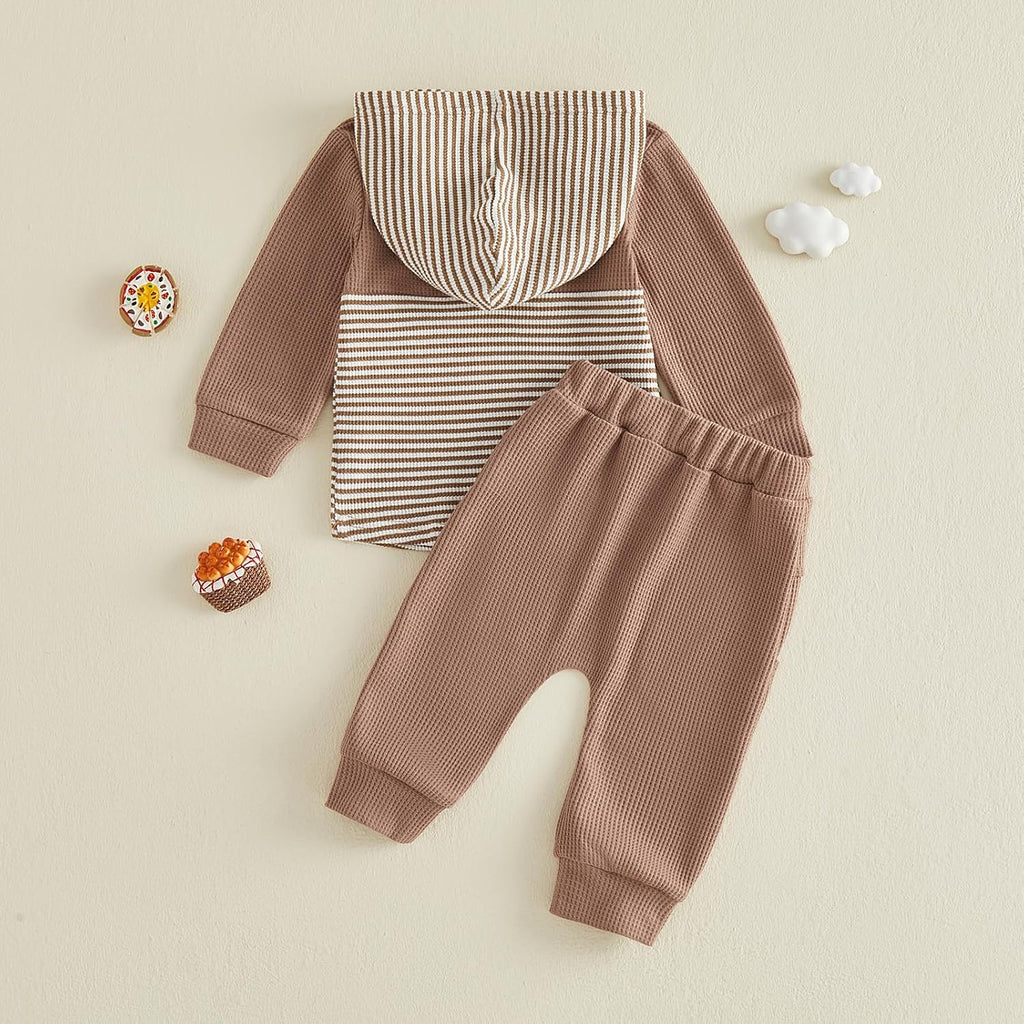 Toddler Baby Boy Fall Outfit Set Contrast Color Stripe Long Sleeve Hoodie Hooded Jogger Pants Infant Waffle Clothes
