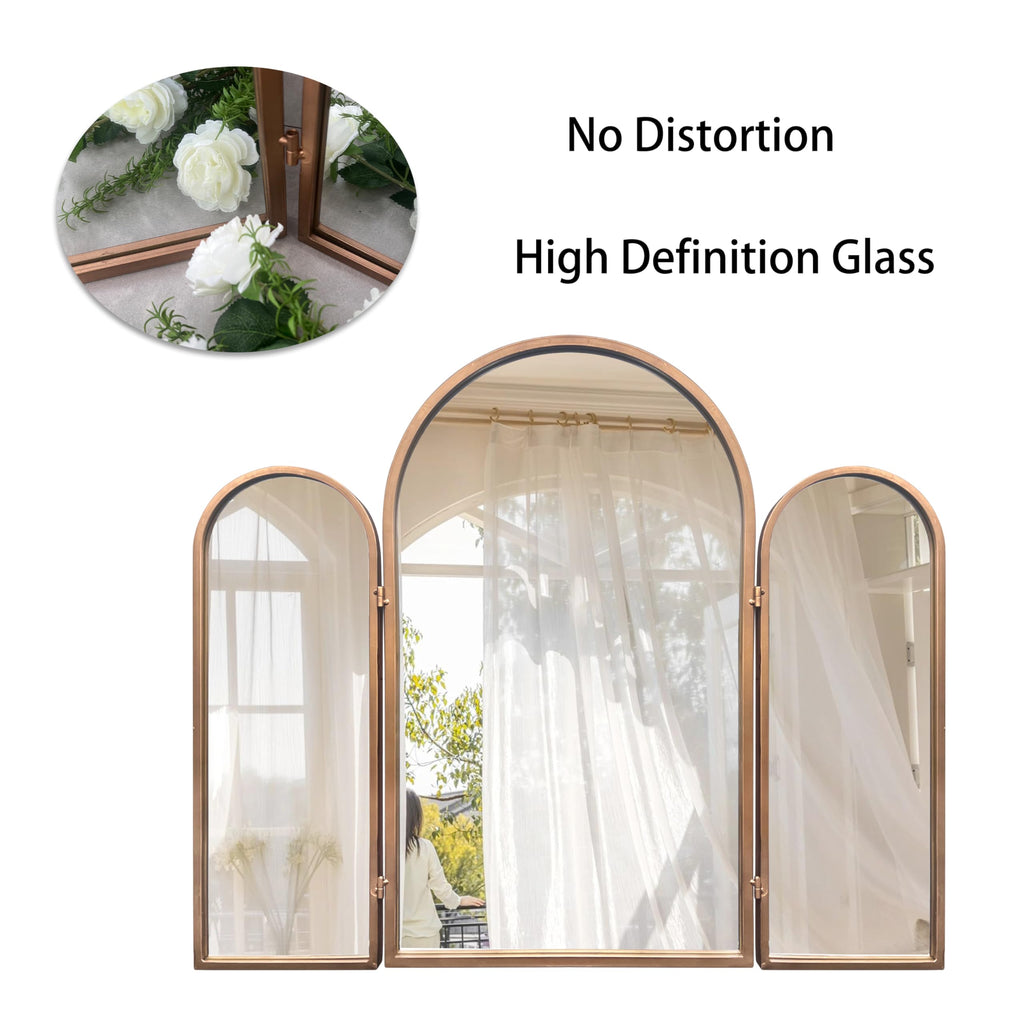 3 Way Mirror Bathroom, Trifold Vanity Mirrors Bedroom, Large Arch Mirrors Decorative Vintage Gold, Adjustable Makeup
