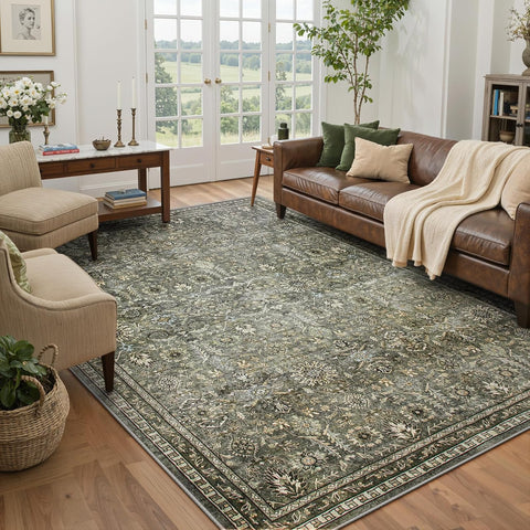Mirae Large Dark Olive Green Area Rugs, Washable Area Rugs 9x12 Living Room, Boho Bedroom Mats Under