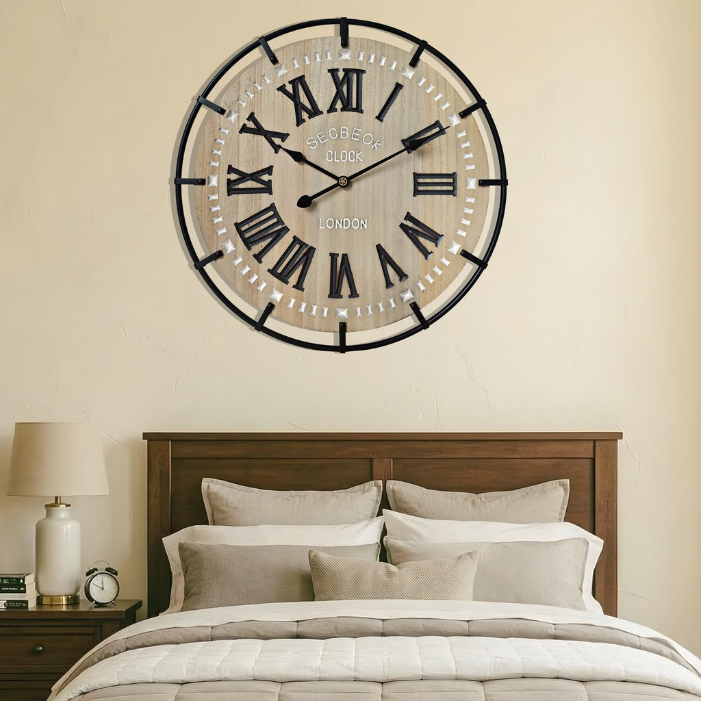 30 Inch Oversized Farmhouse Wall Clock, Metal Rustic Wood with Silent Quartz Movement, Easy Read Roman Numerals