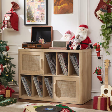 Large Record Player Stand with Vinyl Storage Up to 450 Albums, Wood Rattan Boho Record Storage Accent Cabinet, Modern