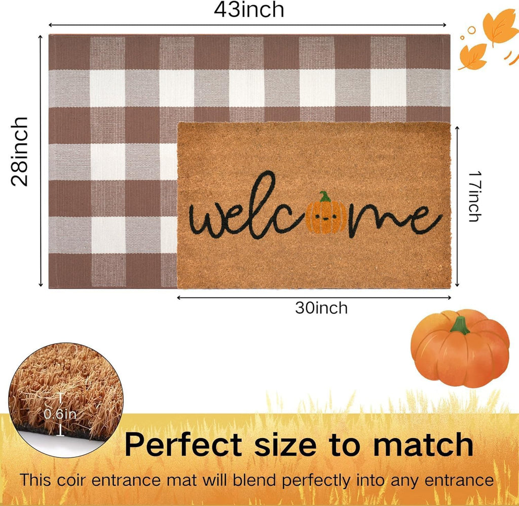Fall Door Mat Combo Set, Welcome Coco Coir Welcome Doormat + 28" x 43" Mocha and White Plaid Rug, Autumn Thanksgiving