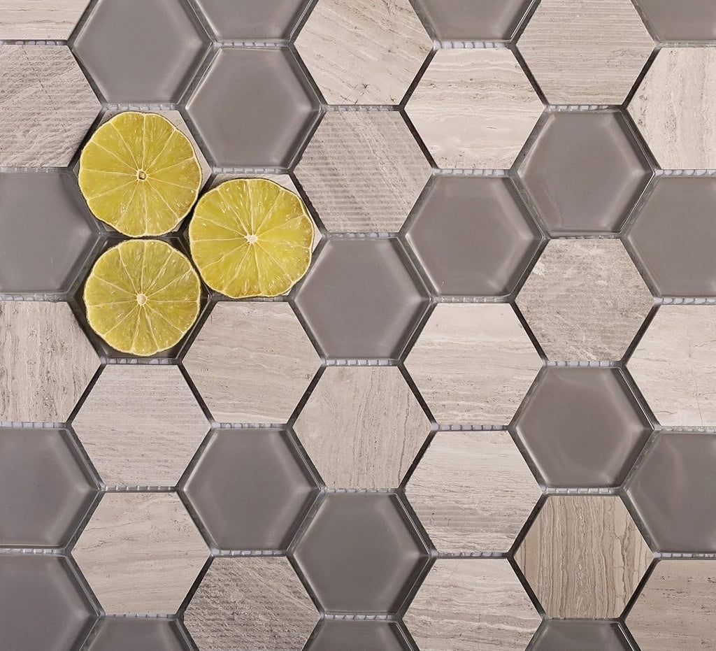 Hexagon Mosaic Glass & Marble Tile Grey 11.8x12 Polished 4.92 sq ft 5-Pack | Mesh-mounted natural stone. Kitchen