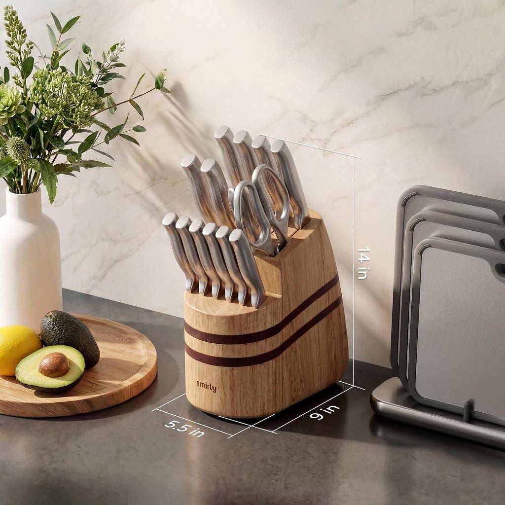 15 Piece Knife Set with Block - Stainless Steel Knives | Heavy Duty Knife Block with Sharpener Rod, High Carbon