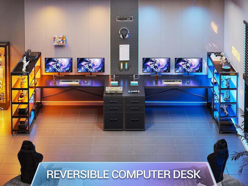 64.5" Reversible L Shaped Gaming Desk with Storage Drawers, Shelves | U Shaped Corner Computer Desk with 3 Fabric