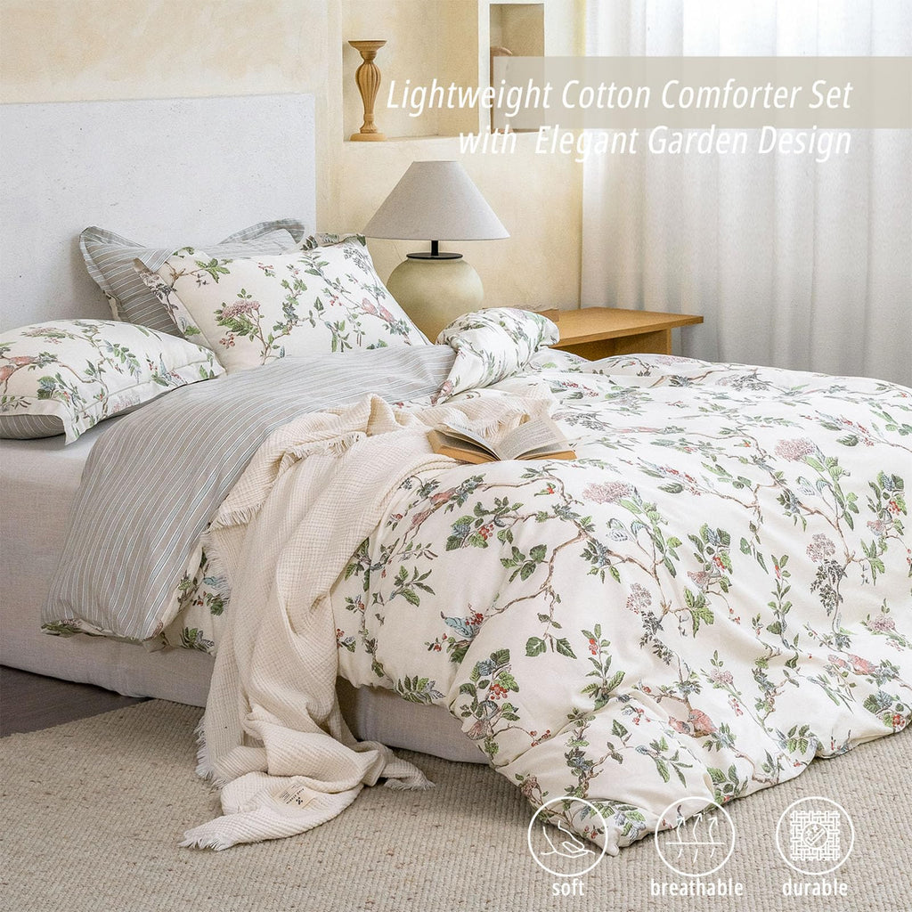 Farmhouse Cotton Comforter Set 3PC - Soft Cream Base Songbird Grove Botanical Prints, Earthy Stripe