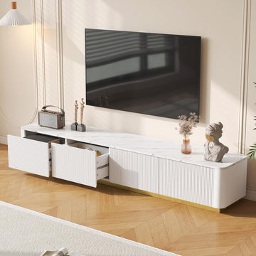 Luxury Fluted with 4 Drawers for TVs up to 85", Modern Media Console w/Faux Marble Tabletop and Gold Base, Curved