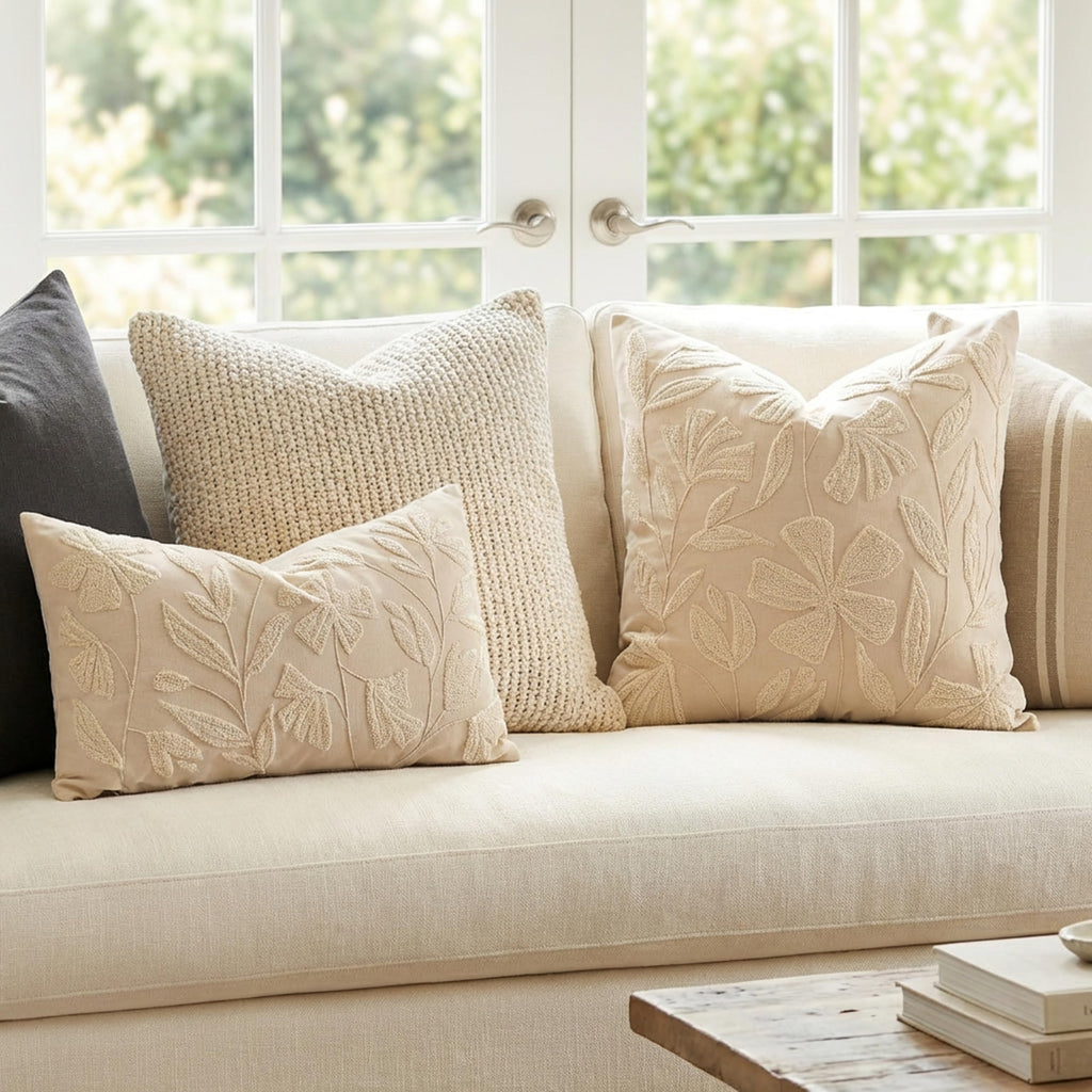 Decorative Throw Pillow Cover 20x20, Beige Neutral Velvet Accent Cushion Cover for Couch Sofa Living Room, Floral