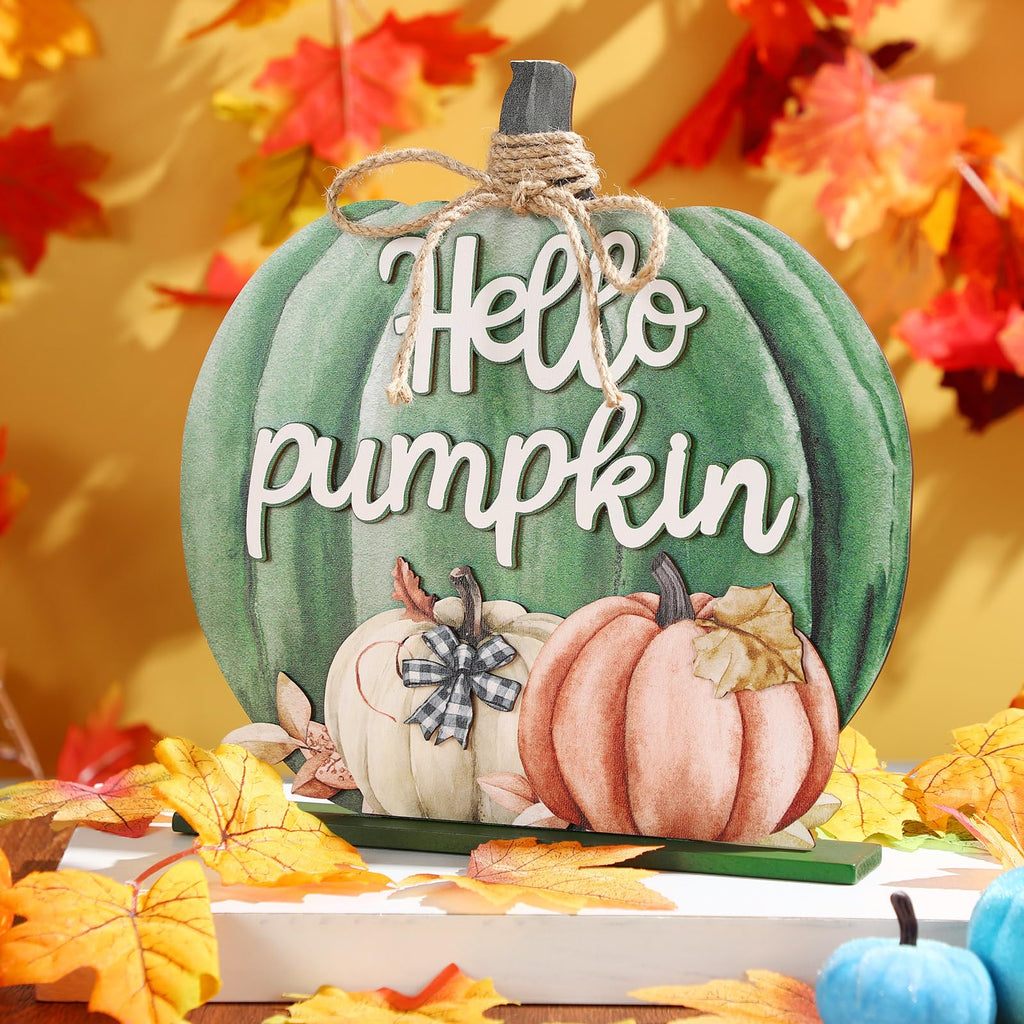 Fall Decoration Wooden Green Pumpkins Decor Fall Hello Pumpkin Sign