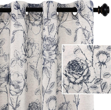 Boho Floral Linen Curtains, Semi Sheer Light Filtering Curtain, Drapes 108 Inch Length 2 Panels Set, Grommet