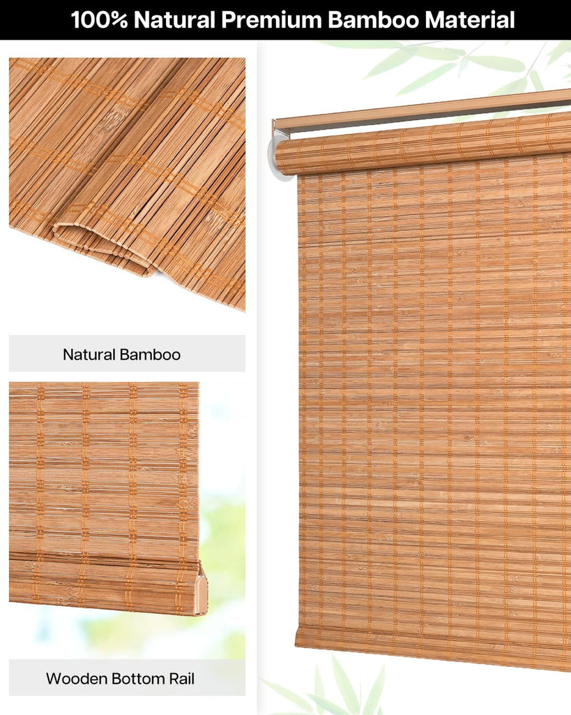 Cordless Bamboo Roller Shades, 34" W x 70" H, Squirrel | Natural Light Filtering Bamboo Window Blinds, Bamboo Roll Up