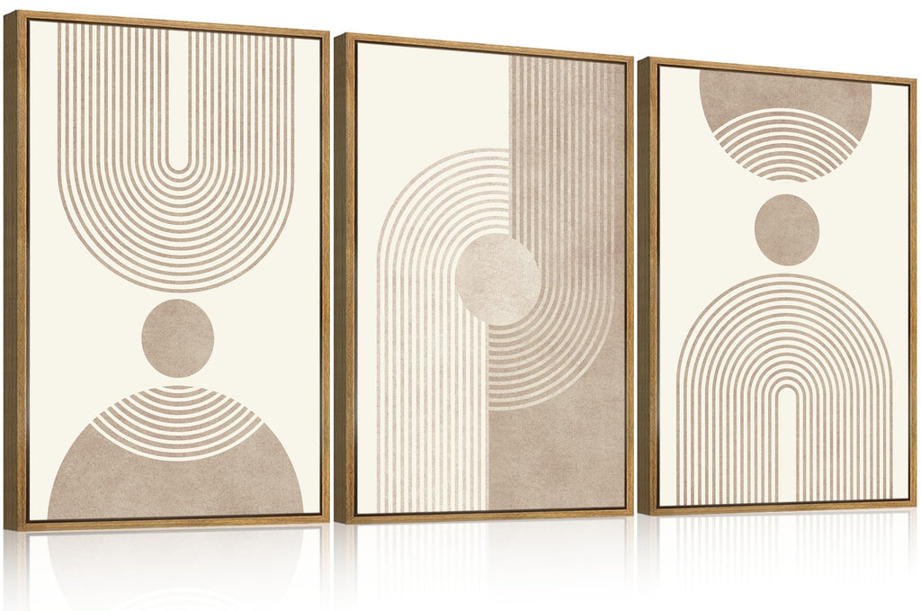 Beige Neutral Canvas Wall Art Boho Pictures Wall Decor Framed Geometric Abstract Artwork Modern Paintings Bedroom