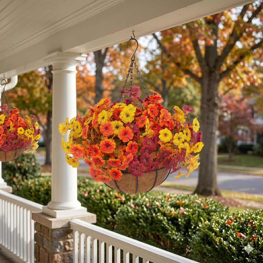 2 Set Artificial Outdoor Fall Flowers with Hanging Basket, 2 Packs Hanging Planters with 24 Pcs Faux Fall Mums for