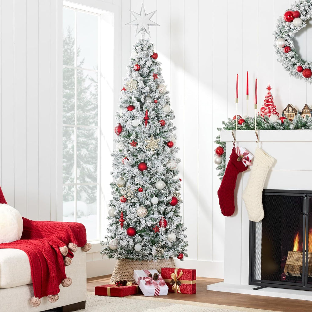 Flocked Pencil Christmas Tree, Unlit Slim Artificial Holiday Decoration, Skinny Snowy Appearance w/Base