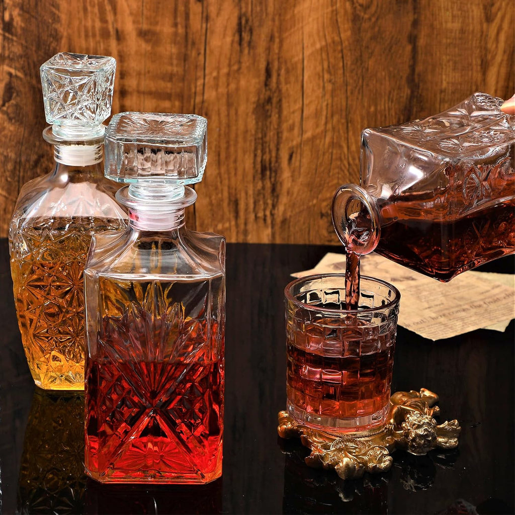 Glass Alcohol Bottle Liquor Decanters Whiskey Decanter for Tequila, Brandy and Vodka Unique Liquor Bar - Set of 3