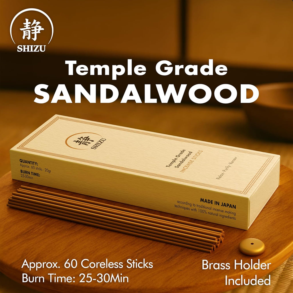 Sandalwood Incense Sticks - Artisanal Temple Grade Japanese Incense with Brass Holder - Subtle, Calming Scent - Set of 60