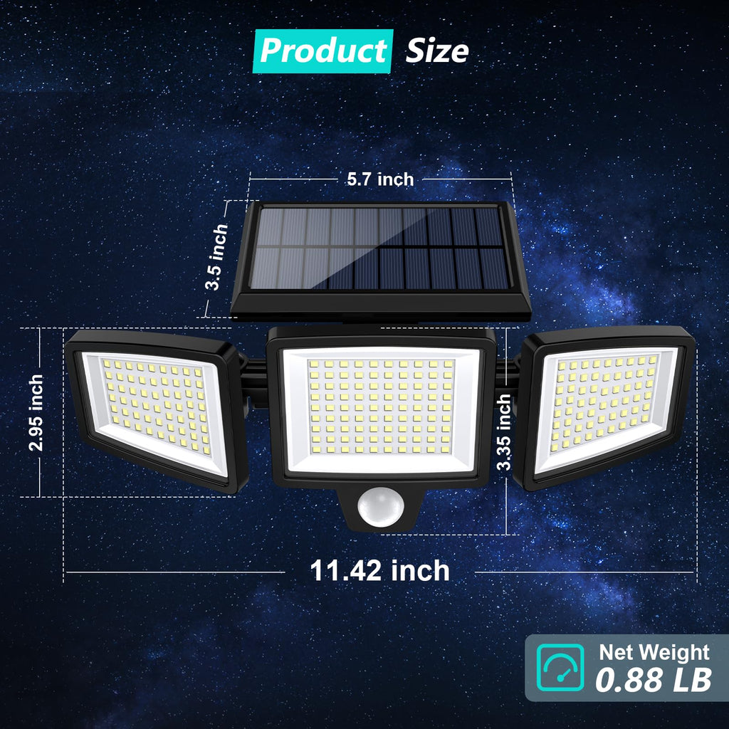 Solar Outdoor Lights 210 LED Security Lights with Remote Control, 3 Heads Motion Sensor Lights, IP65