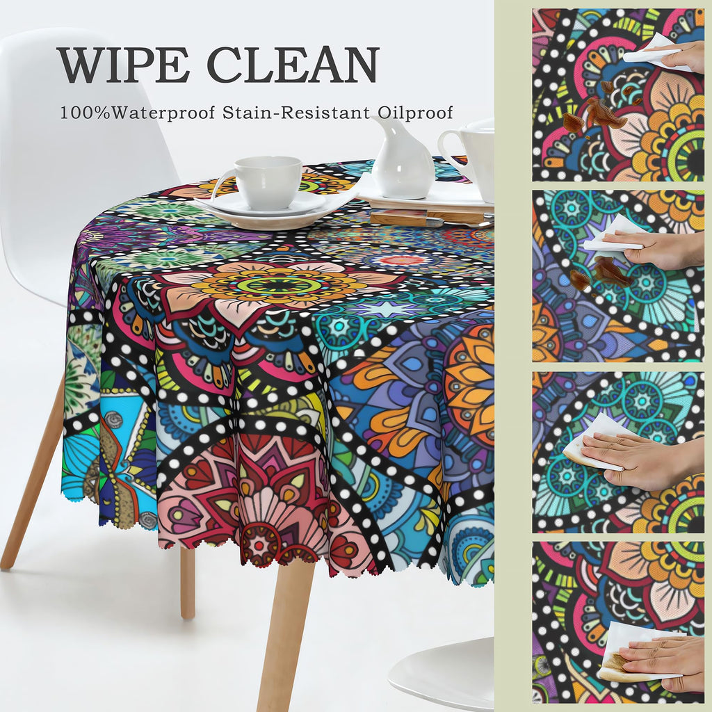 Boho Round Tablecloth, 70inch Bohemia Stain-Resistant Table Cover