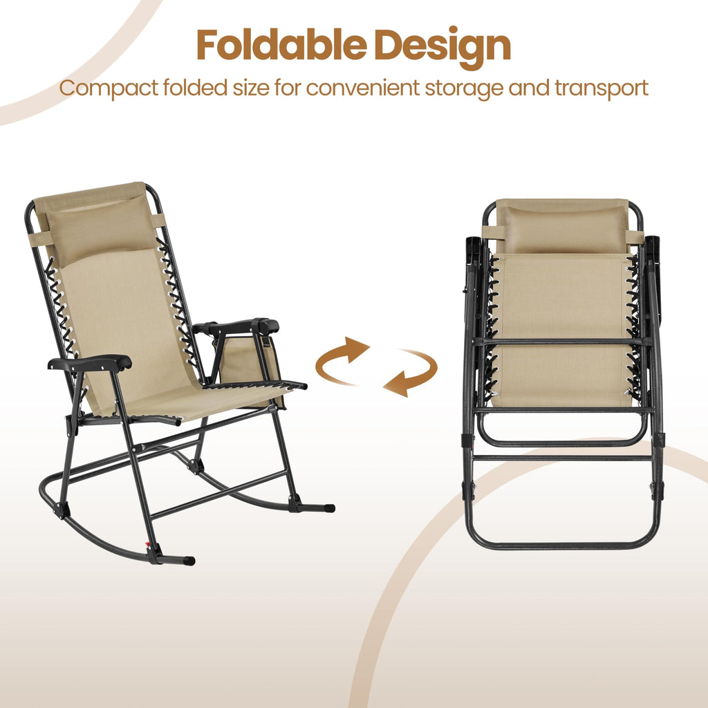 Patio Rocking Chair Folding Camping Chair with Pocket, Beige